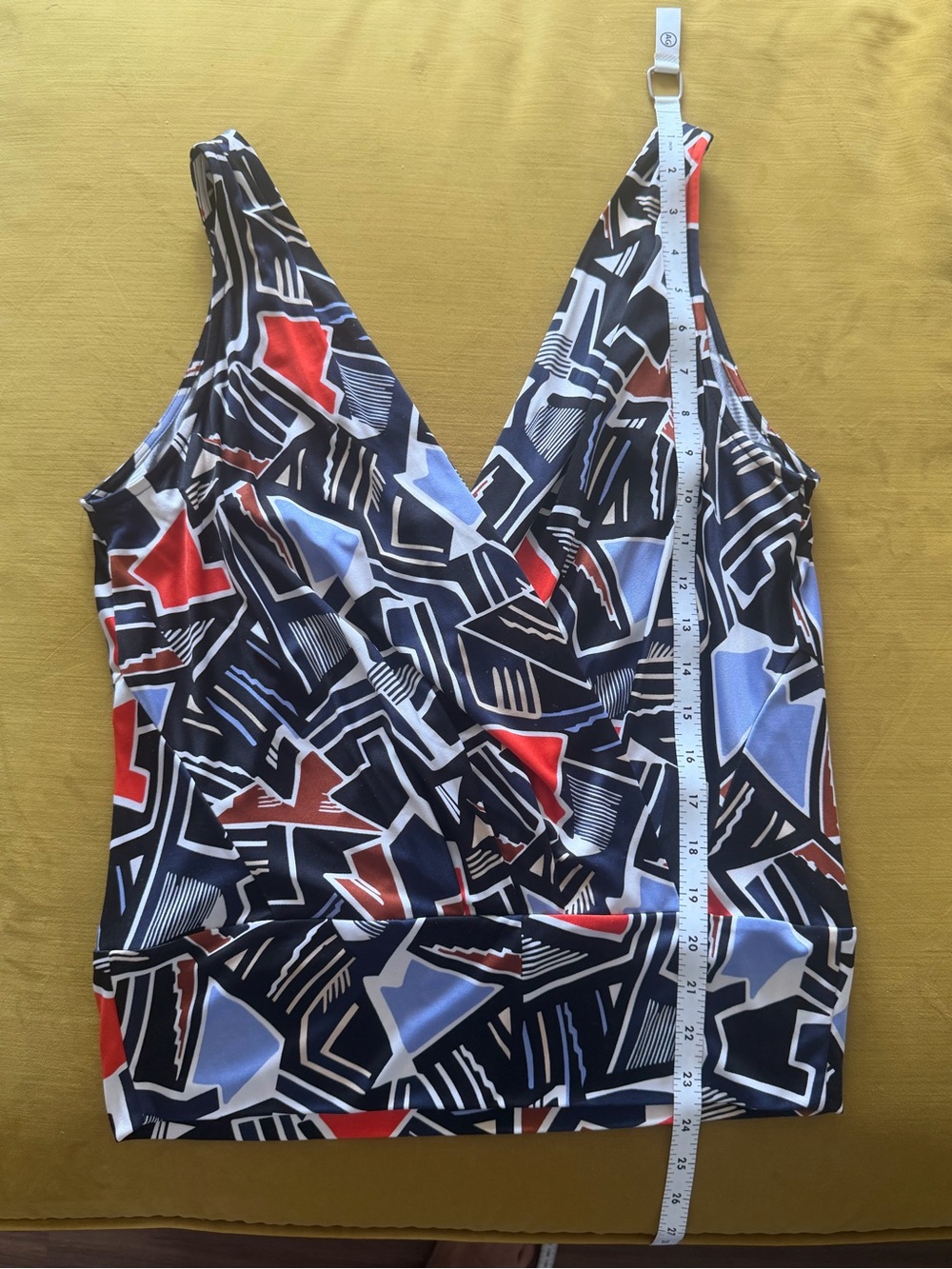 Diane Von Furstenberg Black Geometric Print Top with Blue and Brown Accents